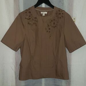 Coldwater Creek Beaded Safari Jacket Size 14 Light Open Front Tan Cotton NWT